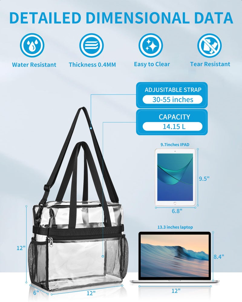 Paxiland Clear Bag for Stadium Events 12x6x12, Large Clear Tote Lunch Bag Stadium Approved with Reinforced Shoulder Straps for Concert Outfits and Festival, Transparent Handbag for men - Black - Image 3